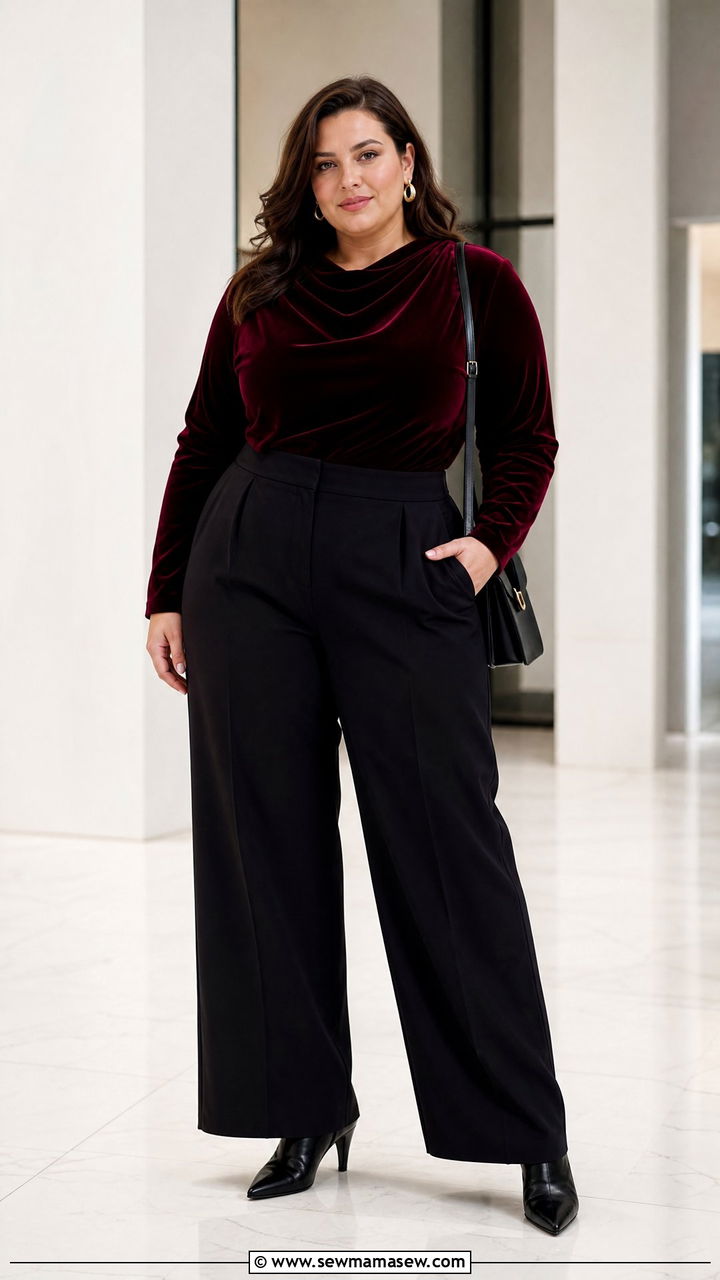 Plus Size Burgundy Velvet Top With Black Trousers - 20 plus size velvet top outfit ideas