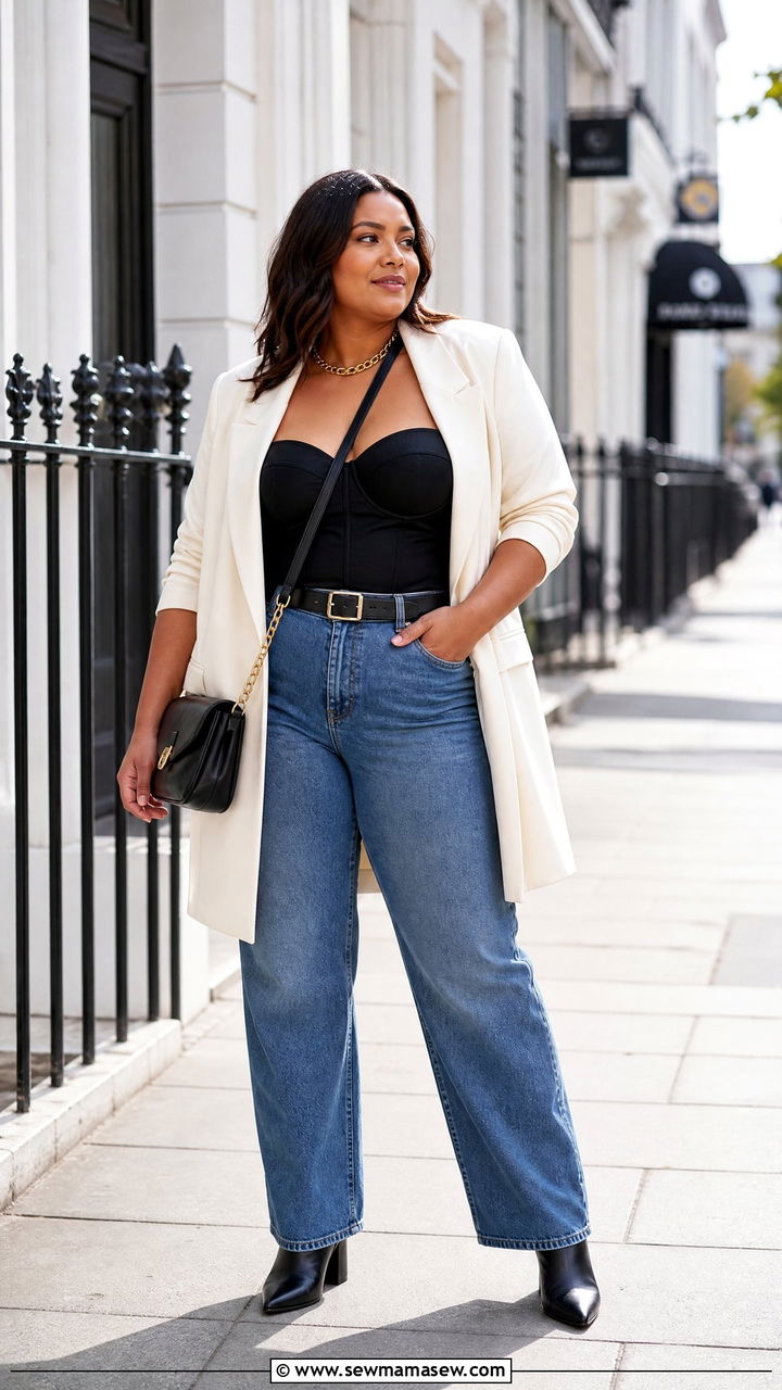 Plus Size Bustier Top With A Blazer And Jeans - 20 plus size bustier top outfit ideas