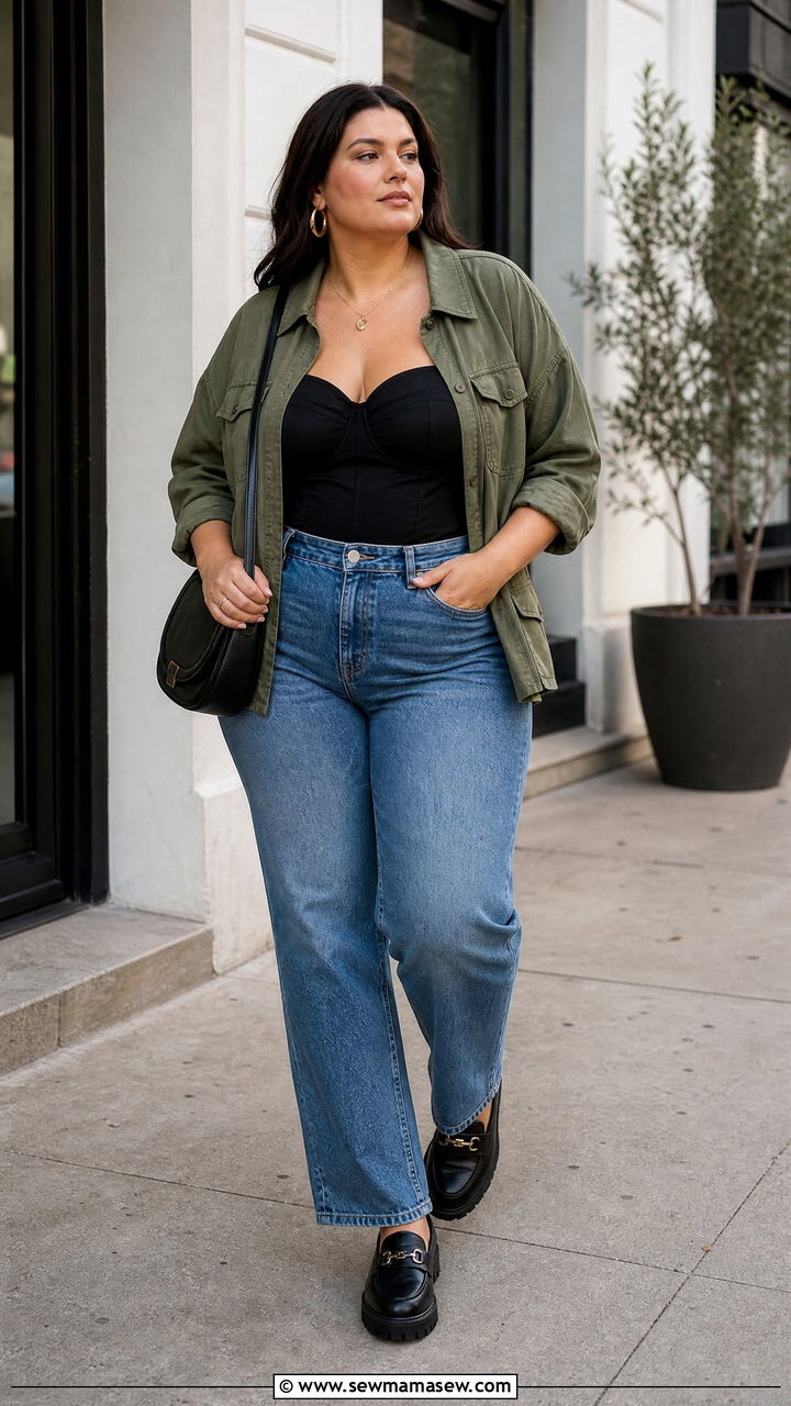 Plus Size Bustier Top With A Utility Jacket And Jeans - 20 plus size bustier top outfit ideas