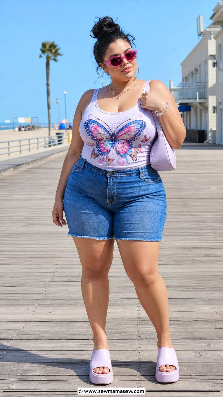 Plus Size Butterfly Top And Denim Shorts Outfit - 20 plus size y2k top outfit ideas