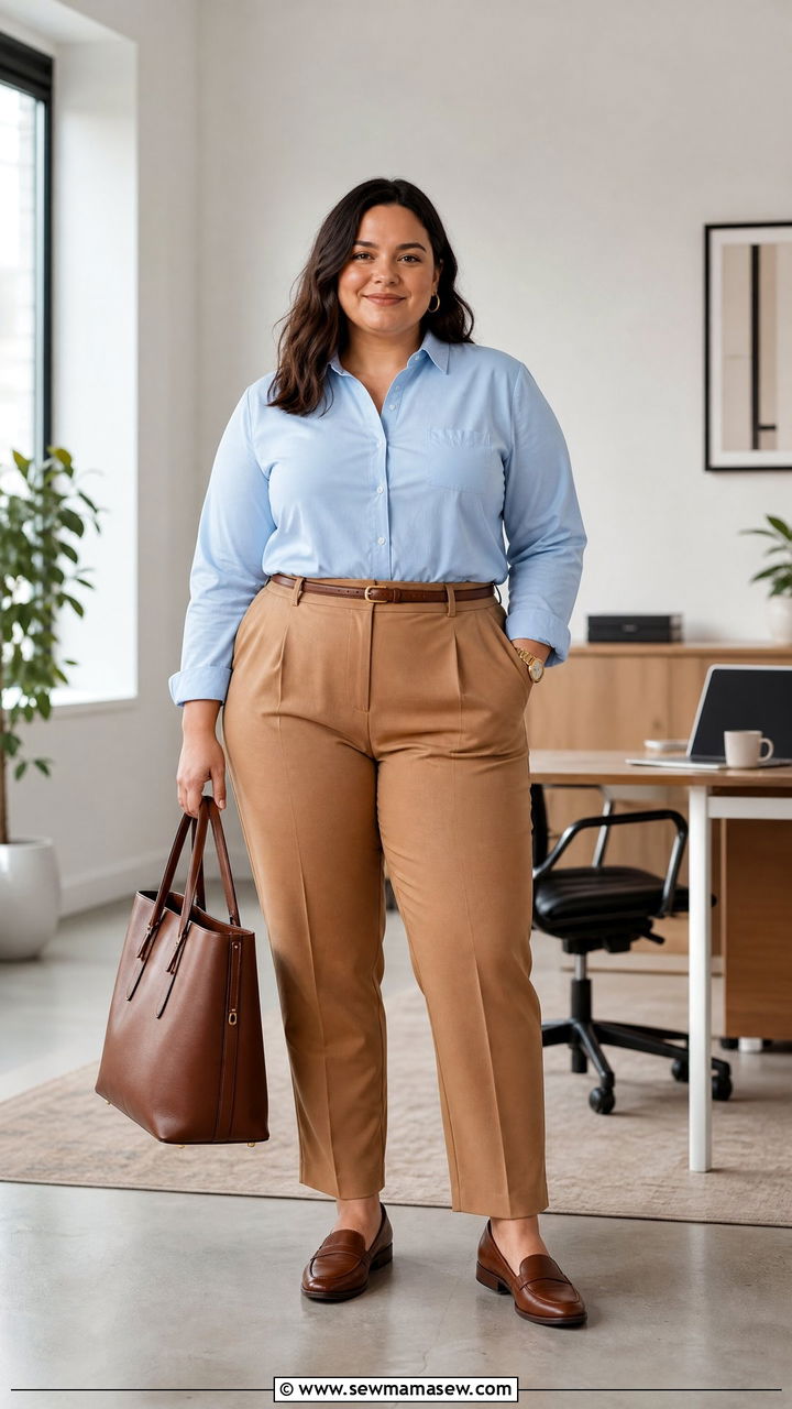 Plus Size Button Down Blouse With Tailored Pants - 20 plus size blouse outfit ideas
