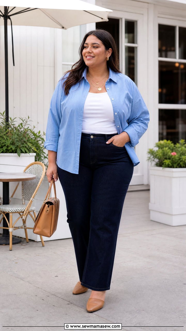 Plus Size Button Down Shirt And Dark Jeans Outfit - 20 plus size outfits to hide tummy
