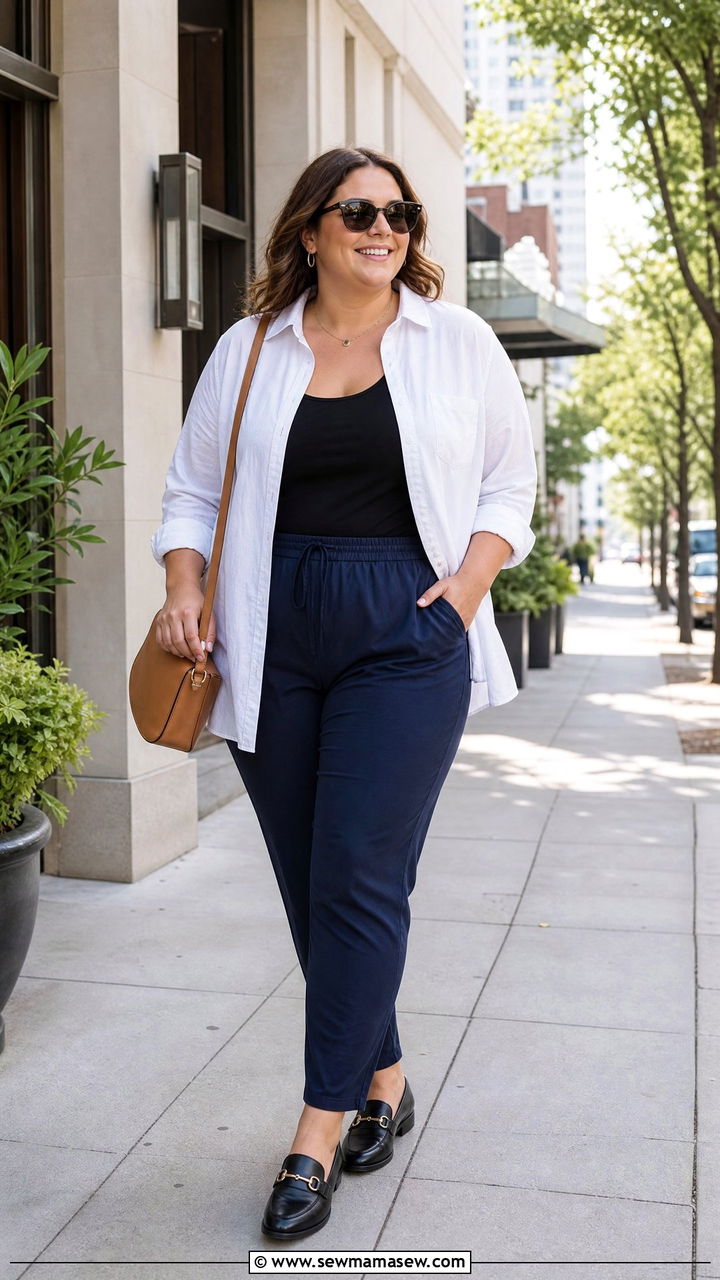 Plus Size Button Down Shirt With Pull On Pants - 20 plus size tops to hide belly outfit ideas