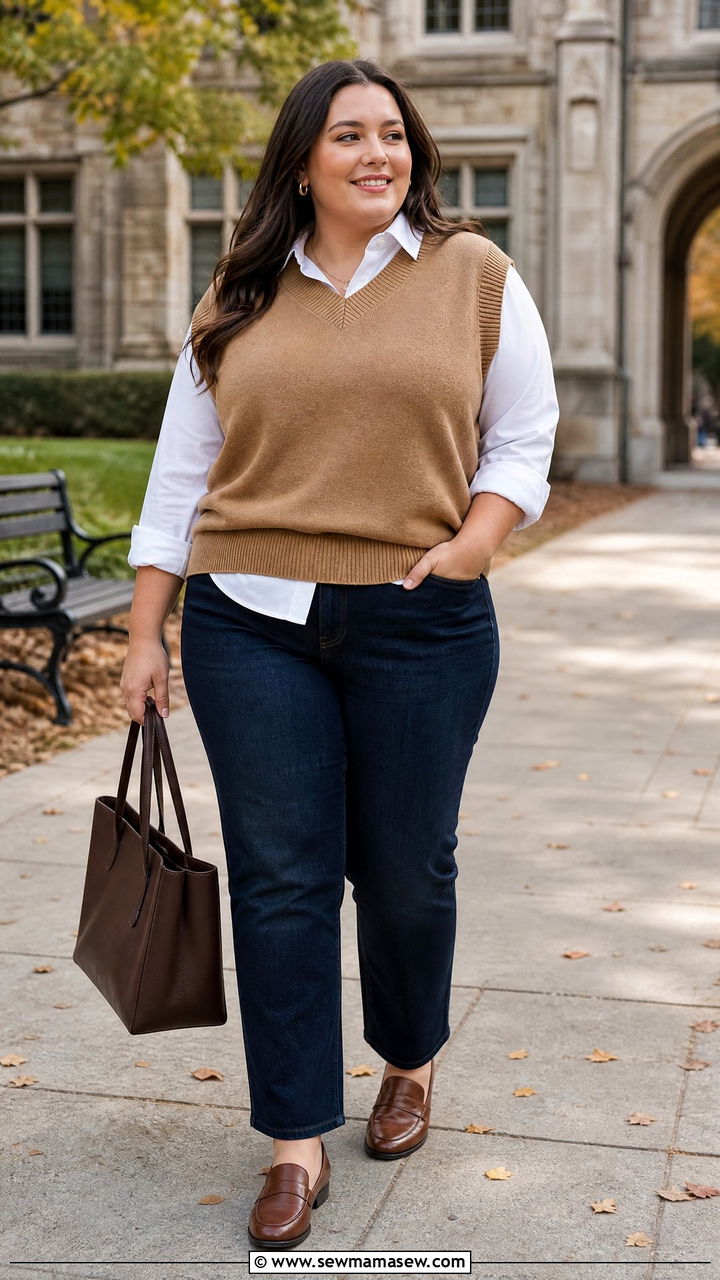 Plus Size Button Down Shirt With Sweater Vest - 20 plus size fall fashion outfit ideas