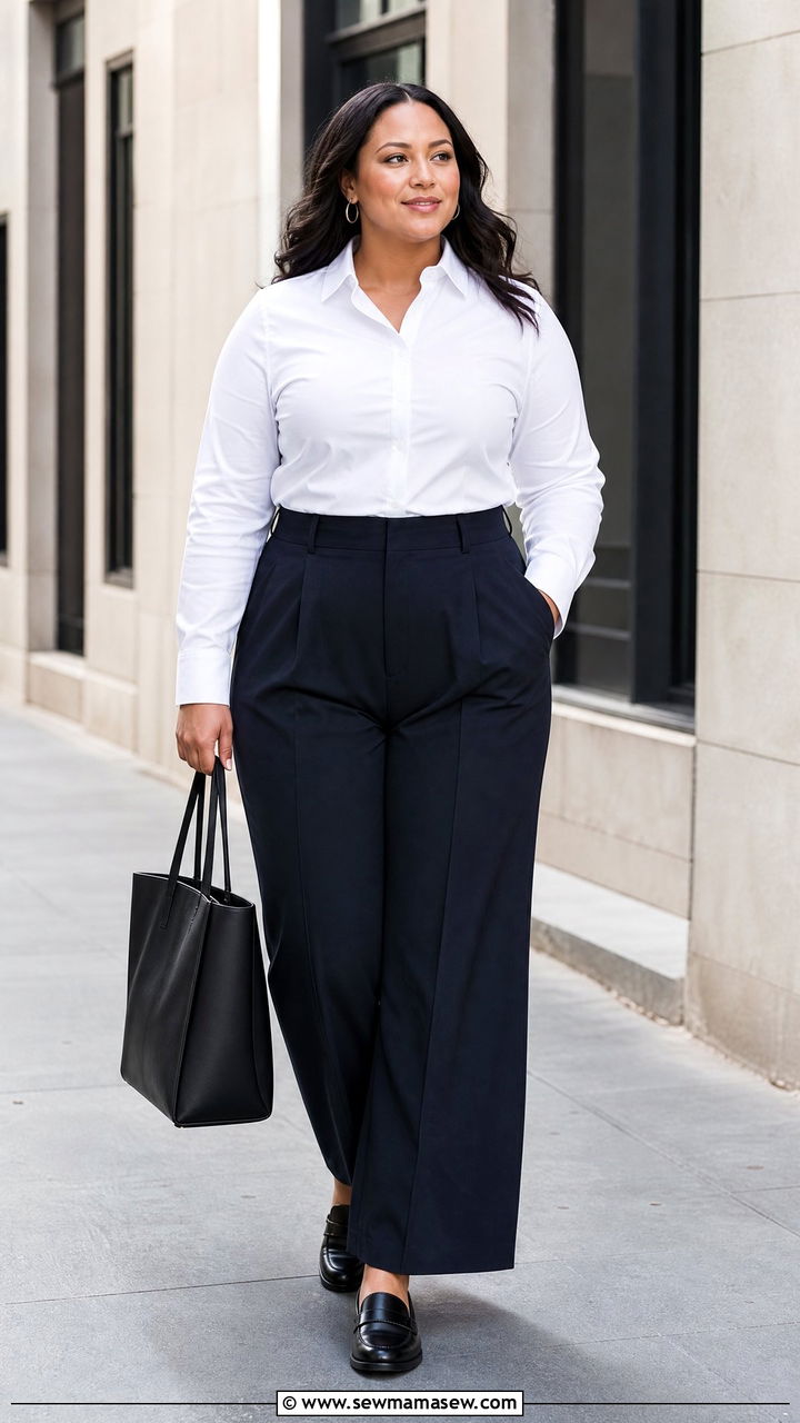 Plus Size Button Down Shirt With Wide Leg Trousers - 20 plus size work top outfit ideas