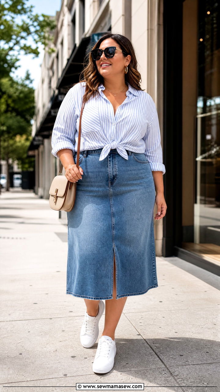 Plus Size Button Down Top With Denim Skirt - 20 plus size summer top outfit ideas