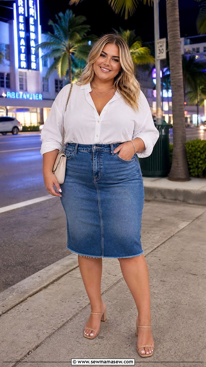 Plus Size Button Front Top With Mini Skirt - 20 plus size summer going out top outfit ideas