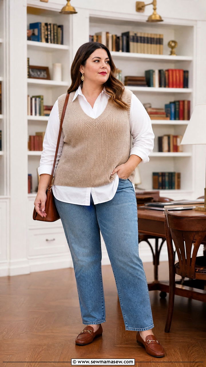 Plus Size Button Up Shirt With Knit Vest - 20 plus size button up shirt outfit ideas
