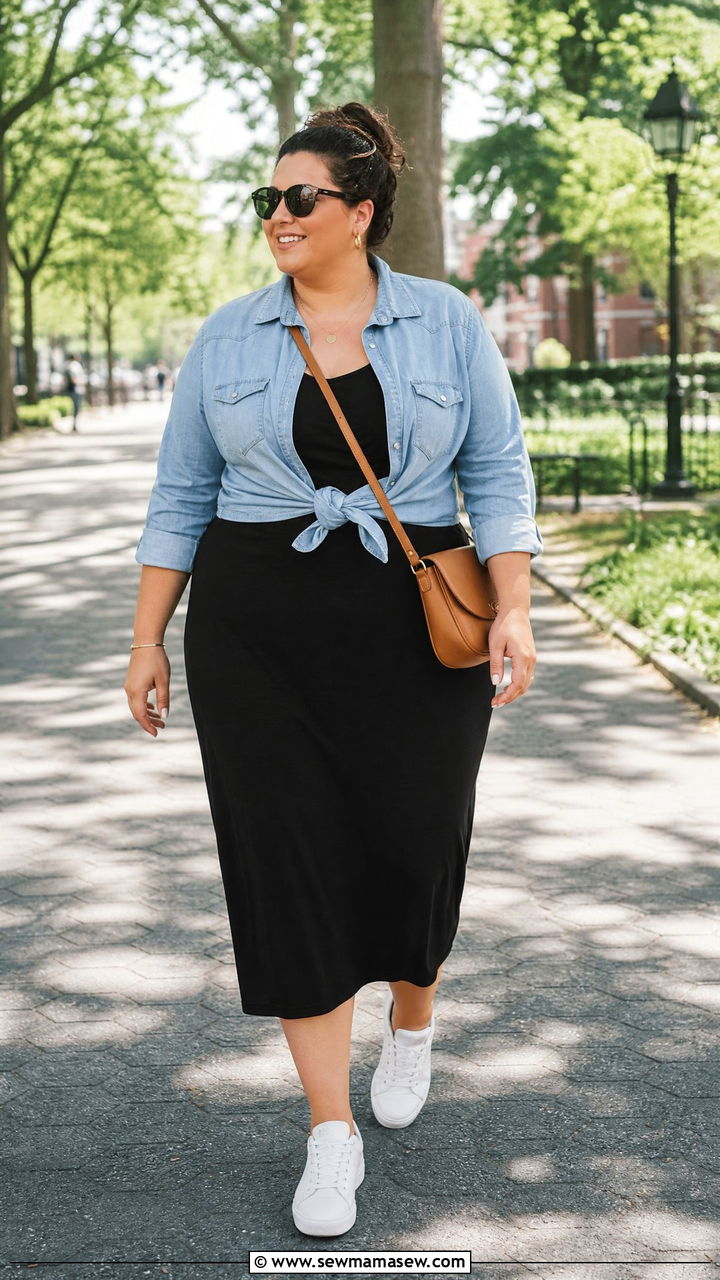 Plus Size Button Up Shirt With Sleeveless Dress - 20 plus size button up shirt outfit ideas