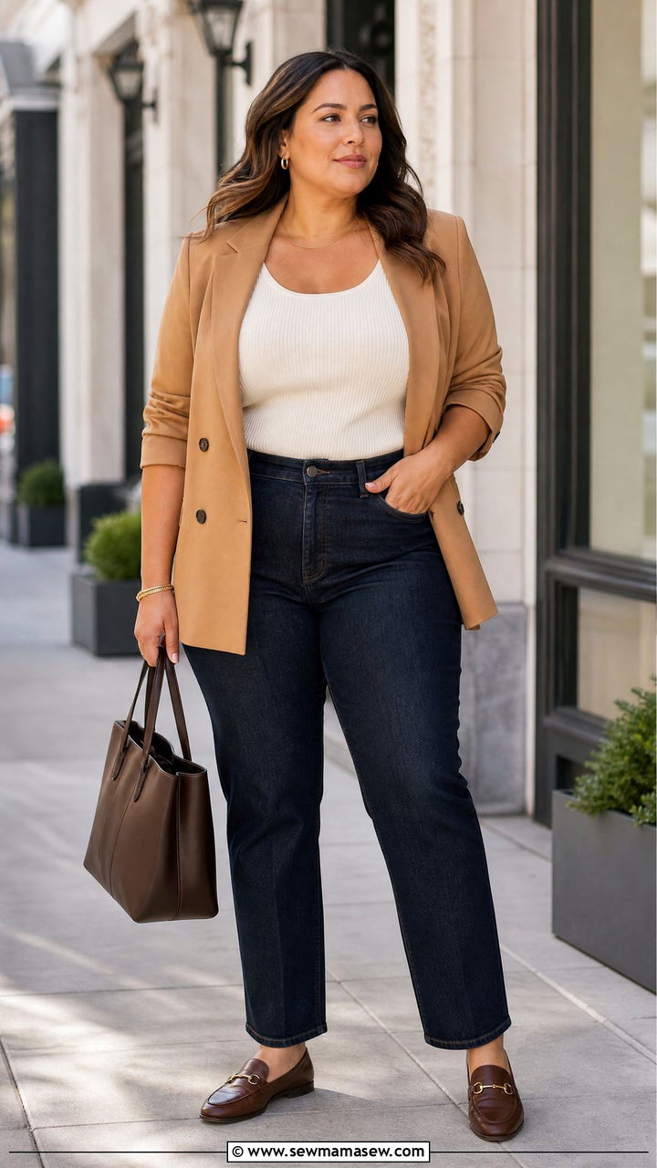 Plus Size Camel Blazer And Jeans Outfit - 20 plus size earth tone outfit ideas