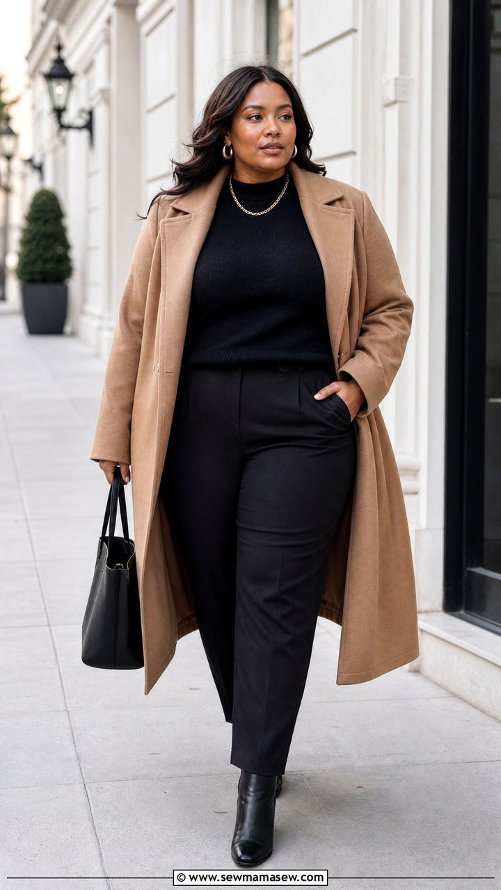 Plus Size Camel Coat And All Black Outfit - 20 plus size neutral outfit ideas