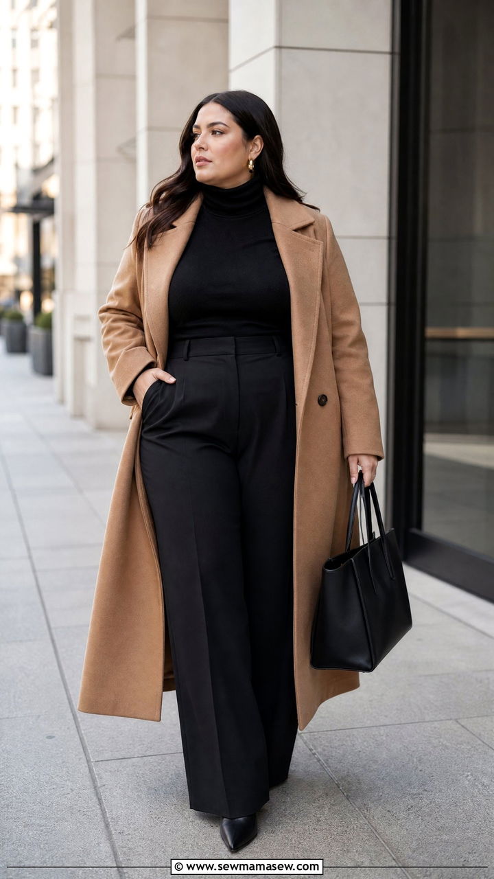 Plus Size Camel Coat And Black Trousers Work Outfit - 20 plus size winter outfit ideas for work