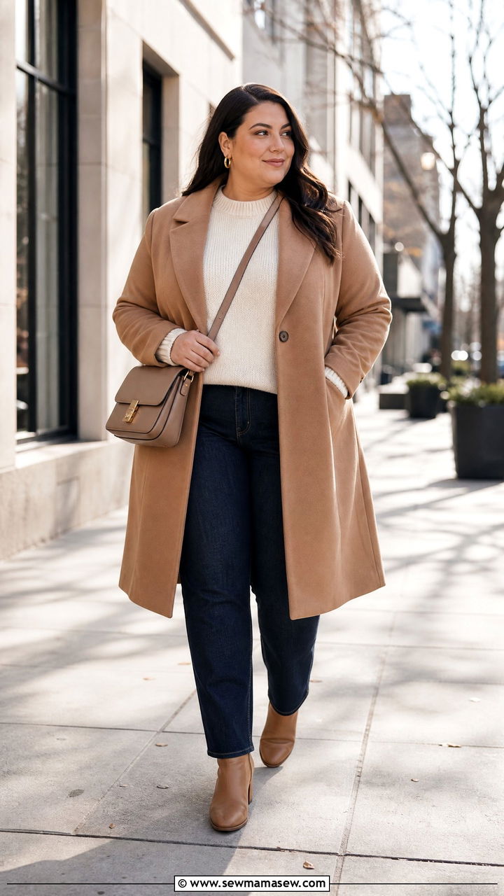 Plus Size Camel Long Coat With Straight Jeans - 20 plus size long coat outfit ideas