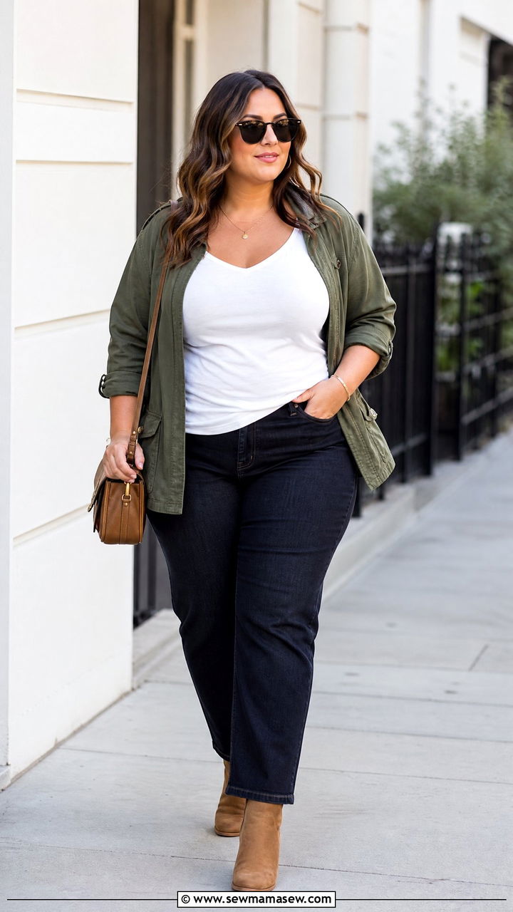 Plus Size Cami Top With Utility Jacket - 20 plus size cami top outfit ideas