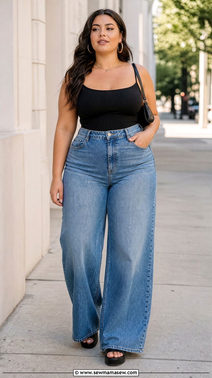 Plus Size Cami Top With Wide Leg Jeans - 20 plus size cami top outfit ideas