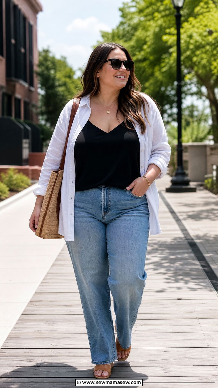 Plus Size Camisole Top With Button Down Shirt And Jeans - 20 plus size camisole top outfit ideas