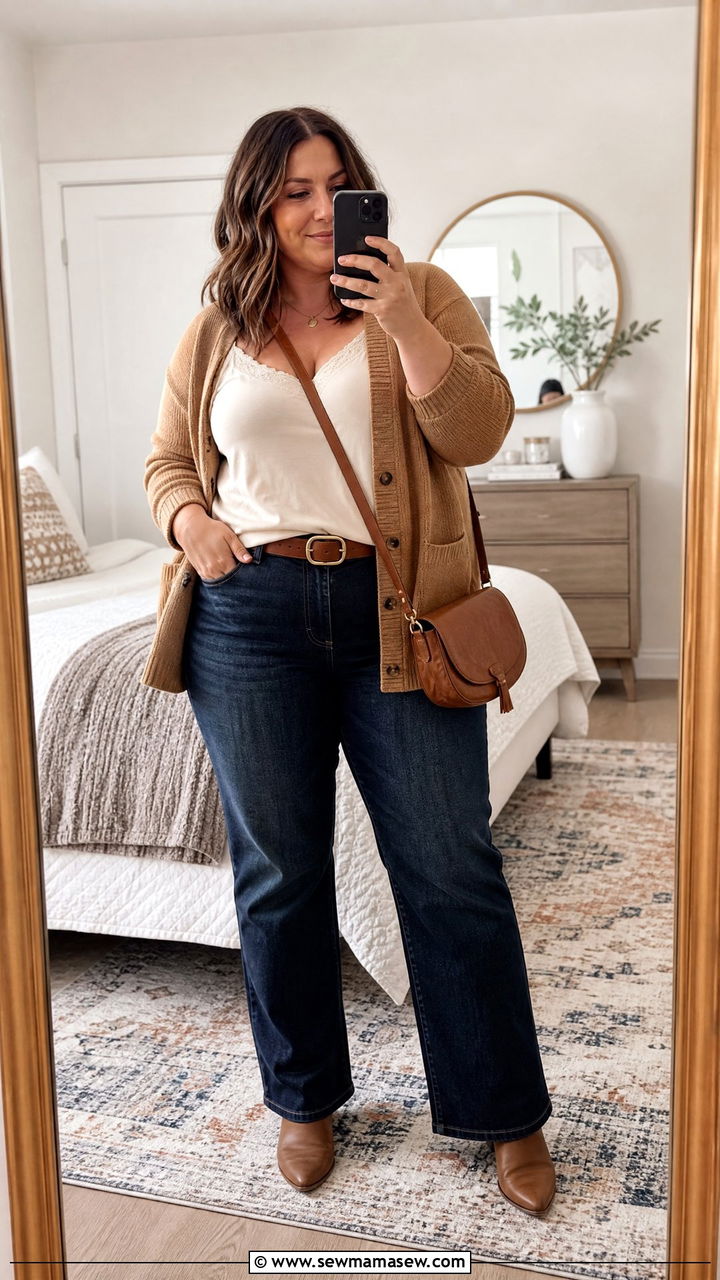 Plus Size Camisole Top With Cardigan And Jeans - 20 plus size camisole top outfit ideas