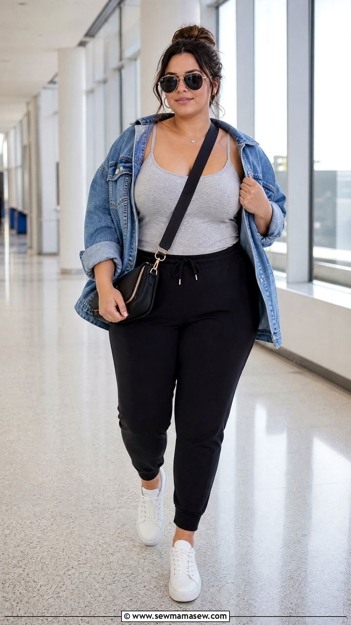 Plus Size Camisole Top With Denim Jacket And Joggers - 20 plus size camisole top outfit ideas