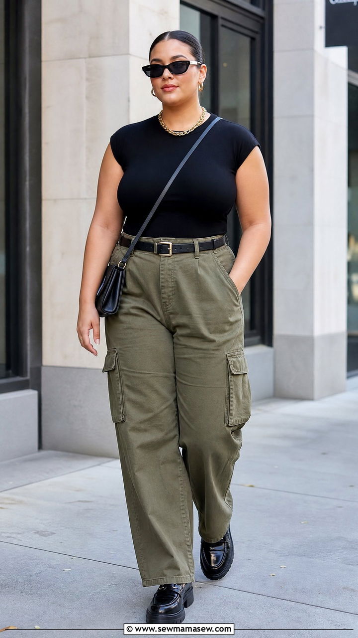 Plus Size Cap Sleeve Top With Cargo Pants - 20 plus size cap sleeve top outfit ideas