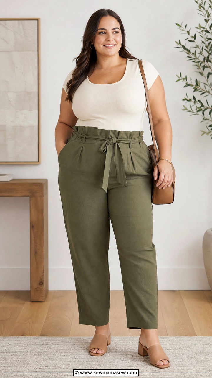Plus Size Cap Sleeve Top With Paper Bag Pants - 20 plus size cap sleeve top outfit ideas