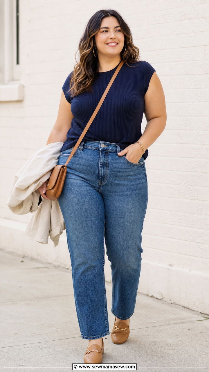 Plus Size Cap Sleeve Top With Straight Leg Jeans - 20 plus size cap sleeve top outfit ideas