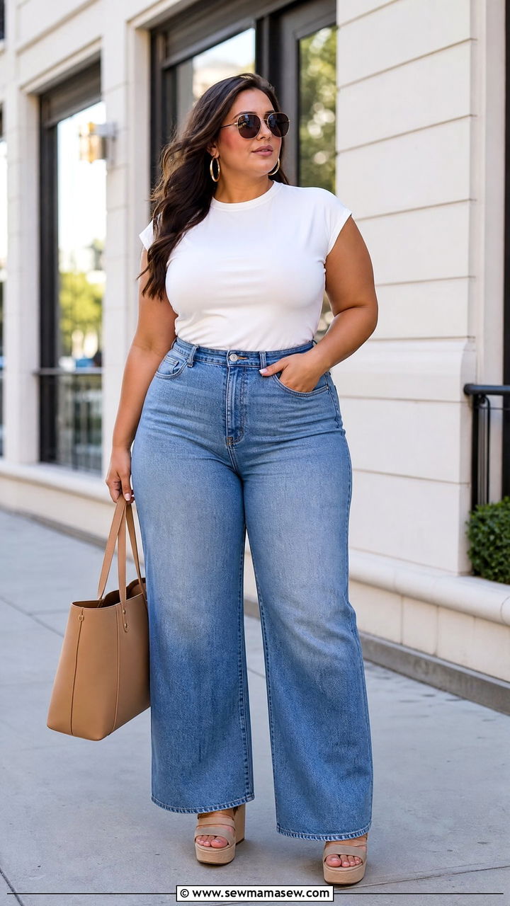 Plus Size Cap Sleeve Top With Wide Leg Jeans - 20 plus size cap sleeve top outfit ideas