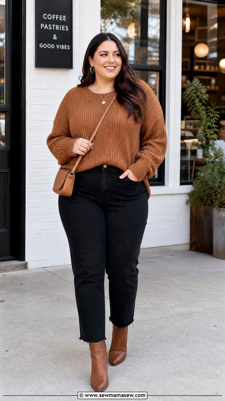 Plus Size Caramel Sweater And Black Jeans Outfit - 20 plus size earth tone outfit ideas
