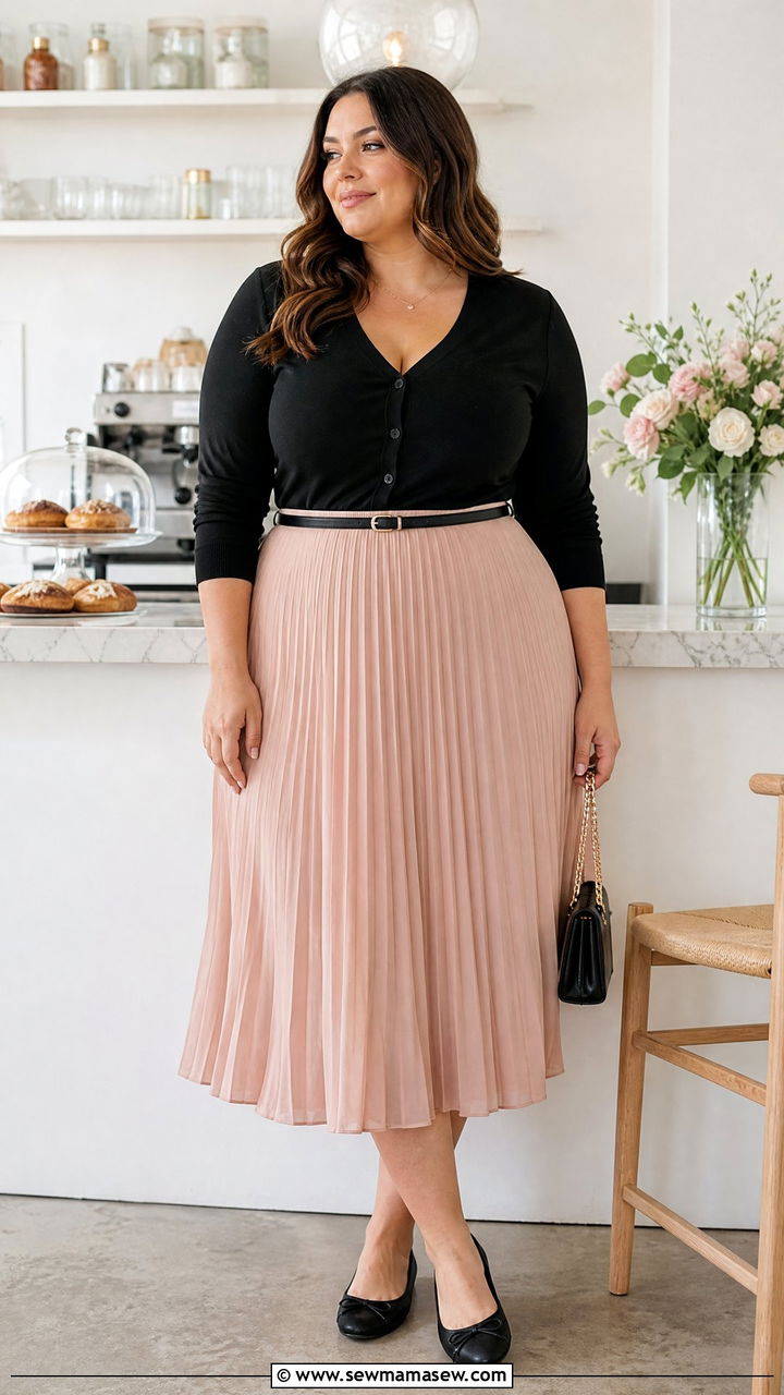 Plus Size Cardigan And Pleated Skirt Outfit - 20 plus size outfits for inverted triangle shape