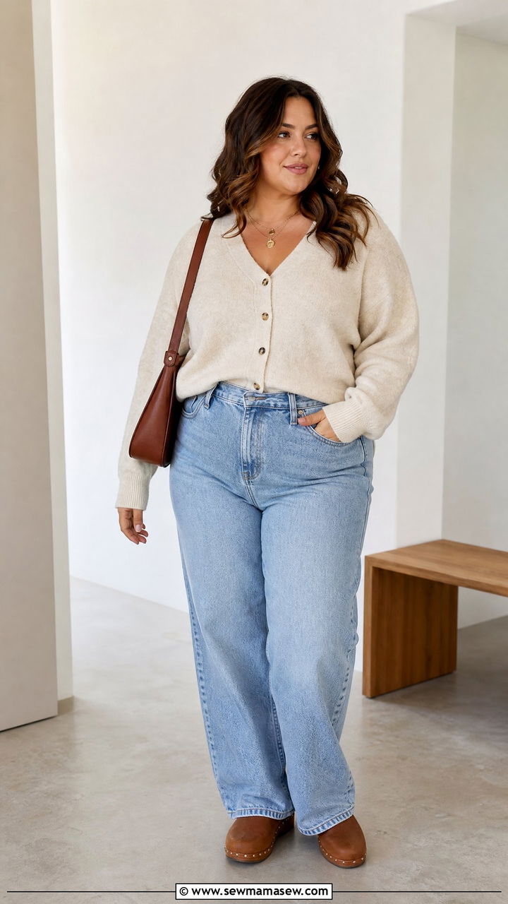 Plus Size Cardigan Top With Relaxed Jeans - 20 plus size off duty top outfit ideas