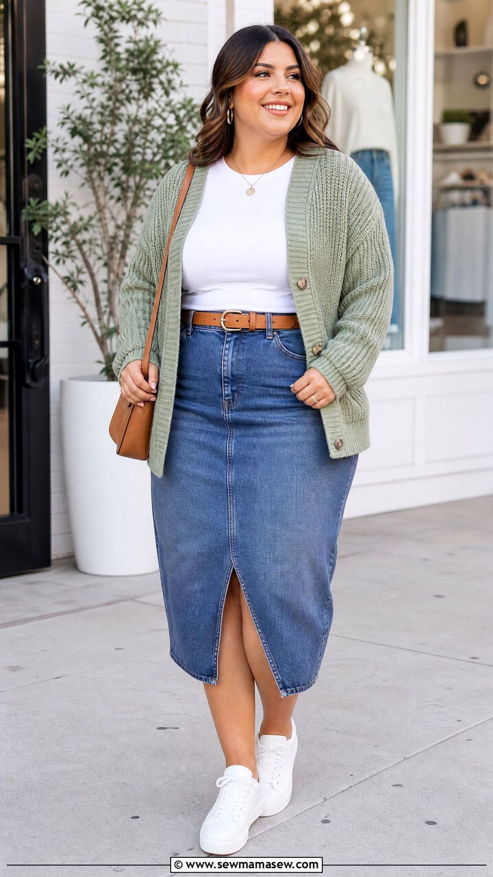 Plus Size Cardigan With Denim Skirt - 20 plus size cardigan outfit ideas