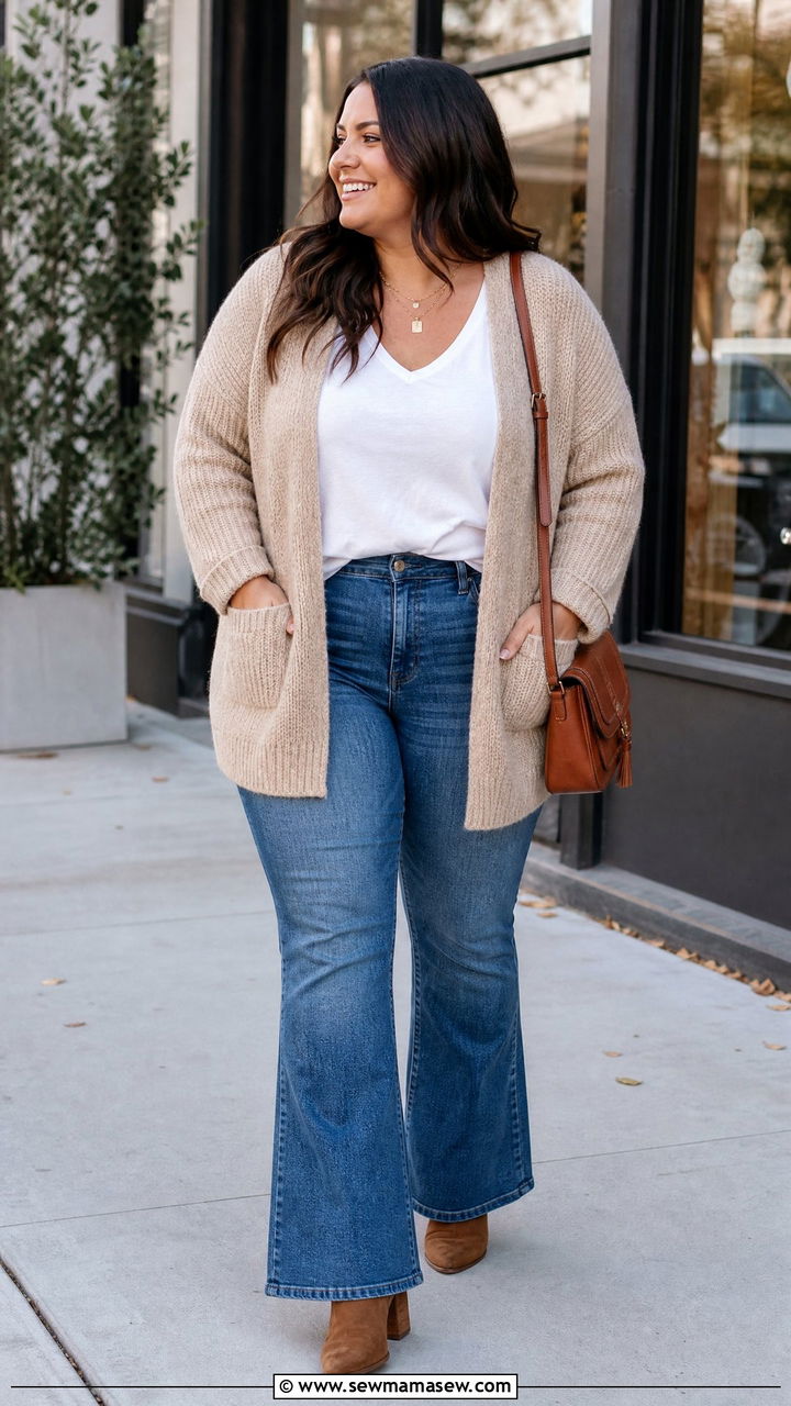Plus Size Cardigan With Flare Jeans Outfit - 20 plus size outfits for broad shoulders