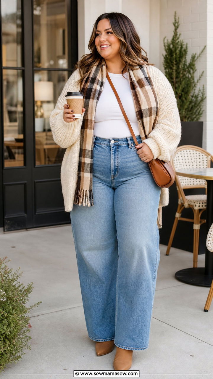Plus Size Cardigan With Wide Leg Jeans - 20 plus size cozy fall outfits