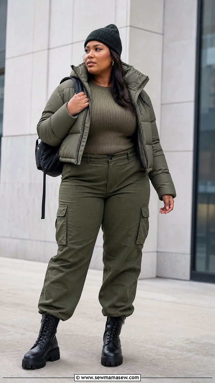 Plus Size Cargo Pants With Boots And Puffer Jacket - 20 plus size winter outfit ideas with boots