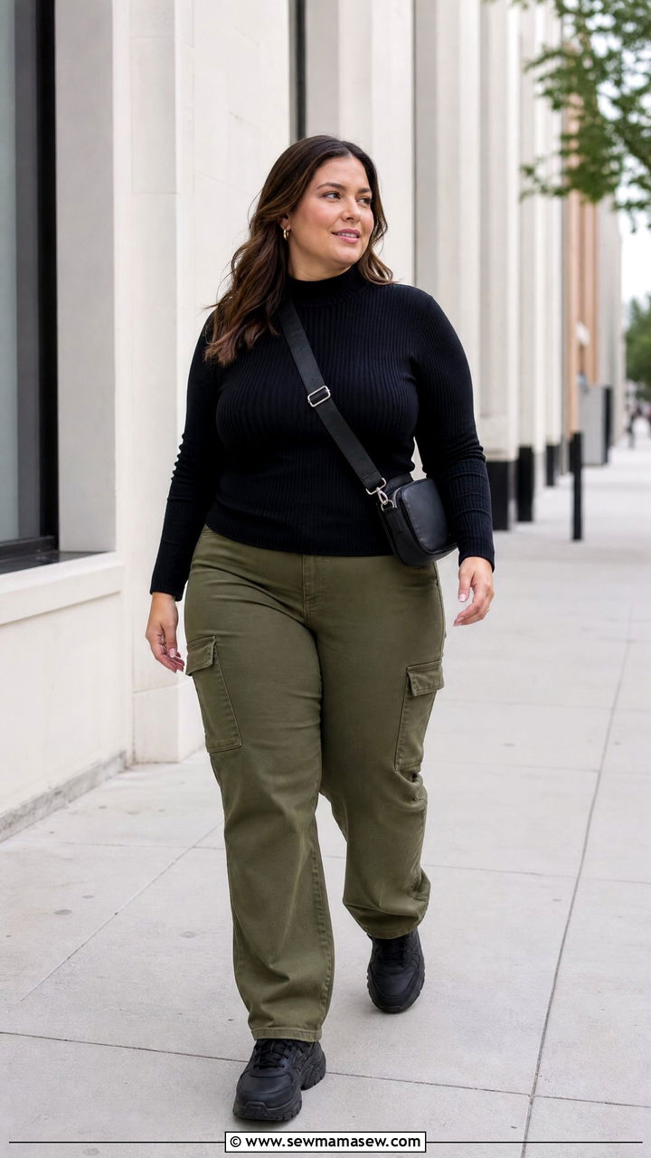 Plus Size Cargo Pants With Fitted Sweater - 20 plus size fall fashion outfit ideas