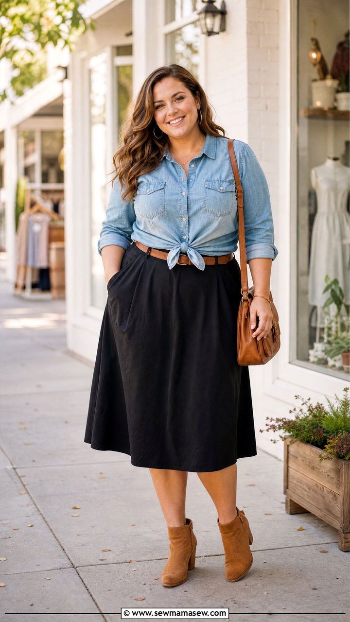 Plus Size Chambray Shirt And Black Skirt Outfit - 20 plus size transitional fall outfits