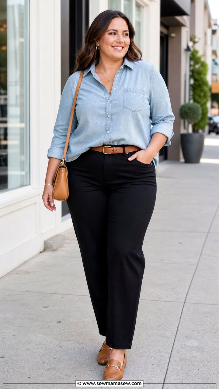 Plus Size Chambray Top With Black Pants - 20 plus size off duty top outfit ideas