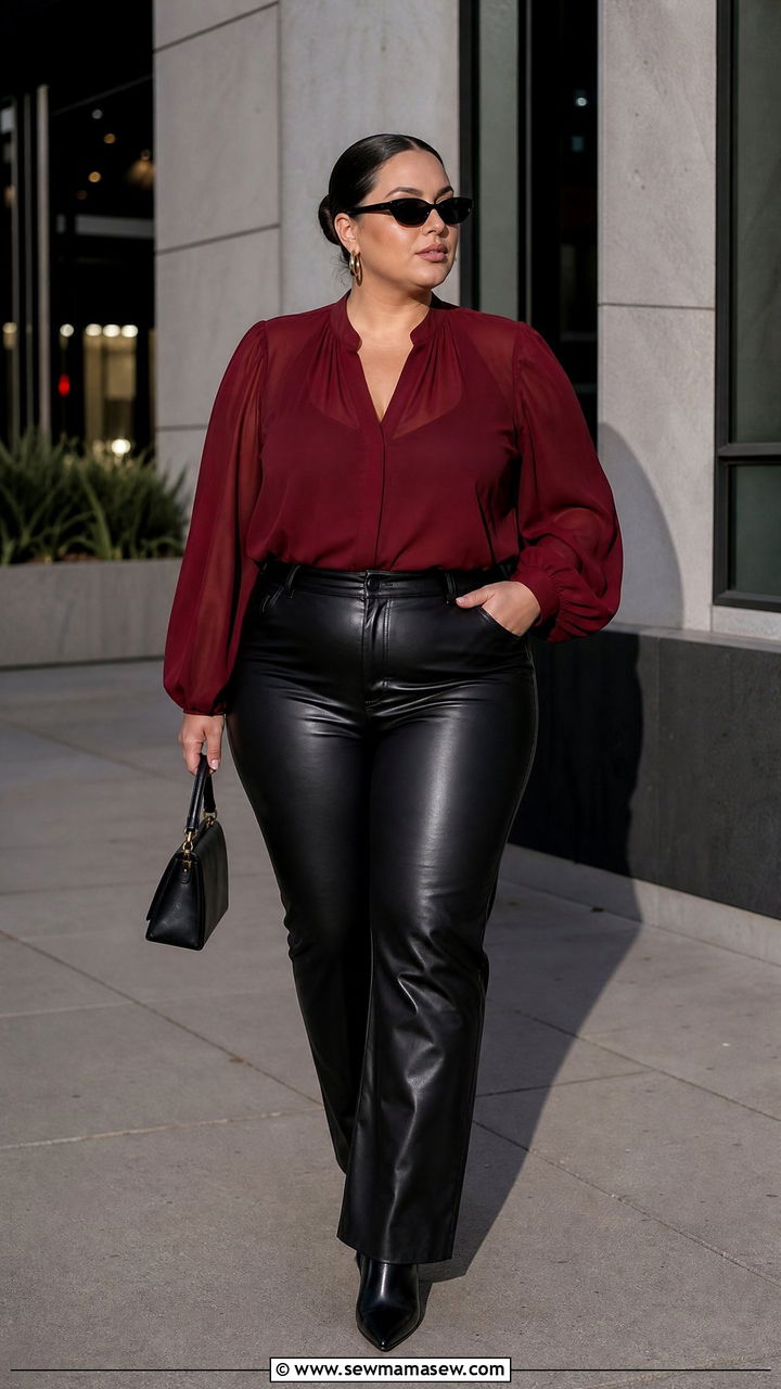 Plus Size Chiffon Blouse With Faux Leather Pants - 20 plus size chiffon blouse outfit ideas