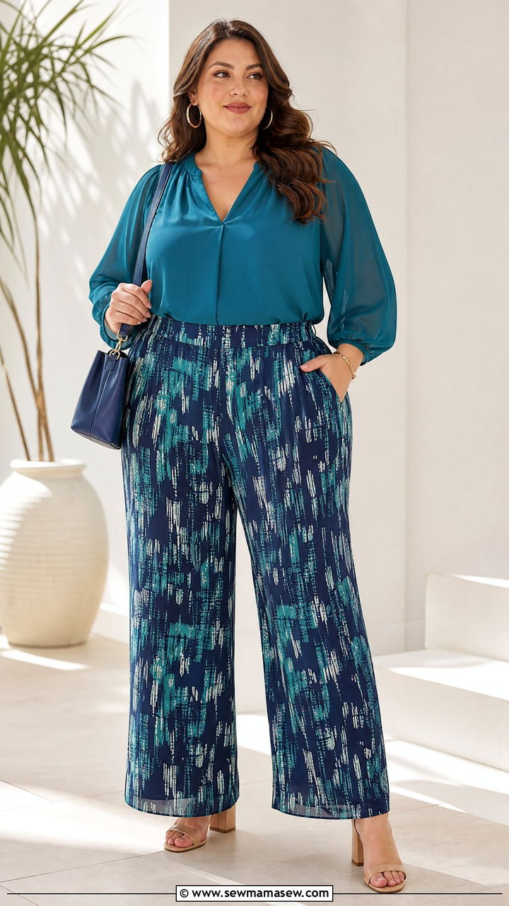 Plus Size Chiffon Blouse With Printed Pants - 20 plus size chiffon blouse outfit ideas