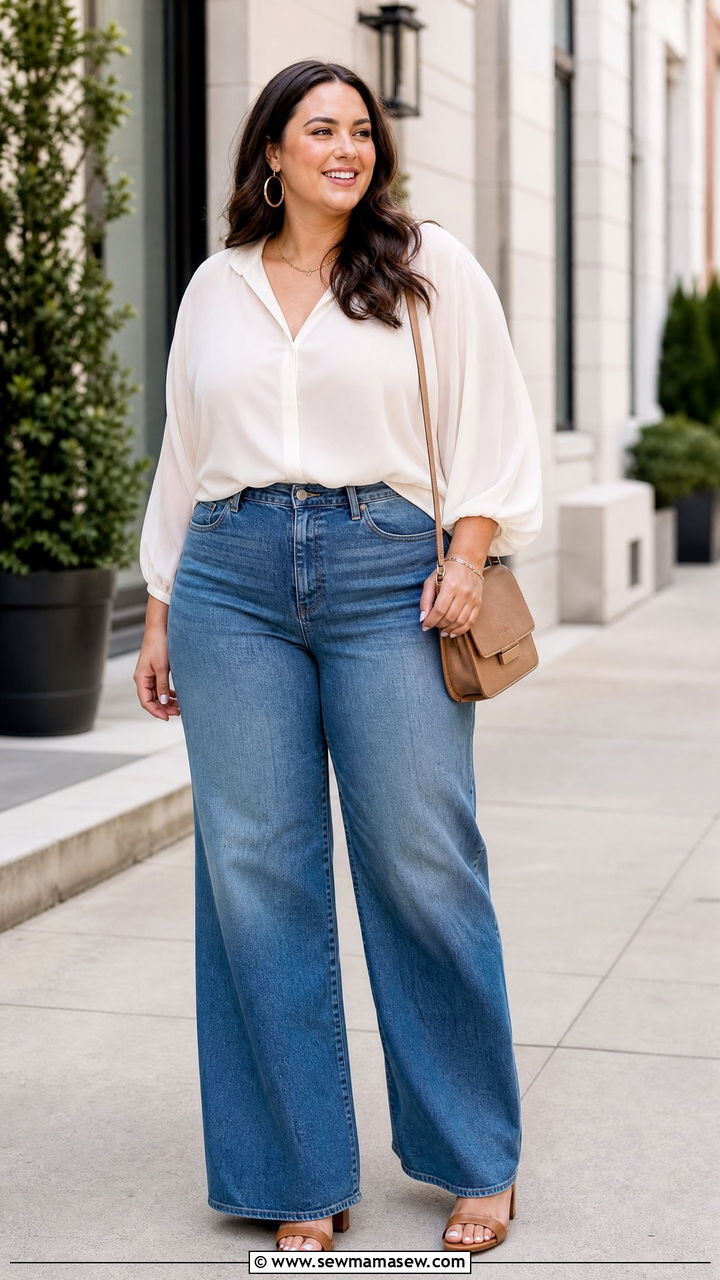 Plus Size Chiffon Blouse With Wide Leg Jeans - 20 plus size chiffon blouse outfit ideas