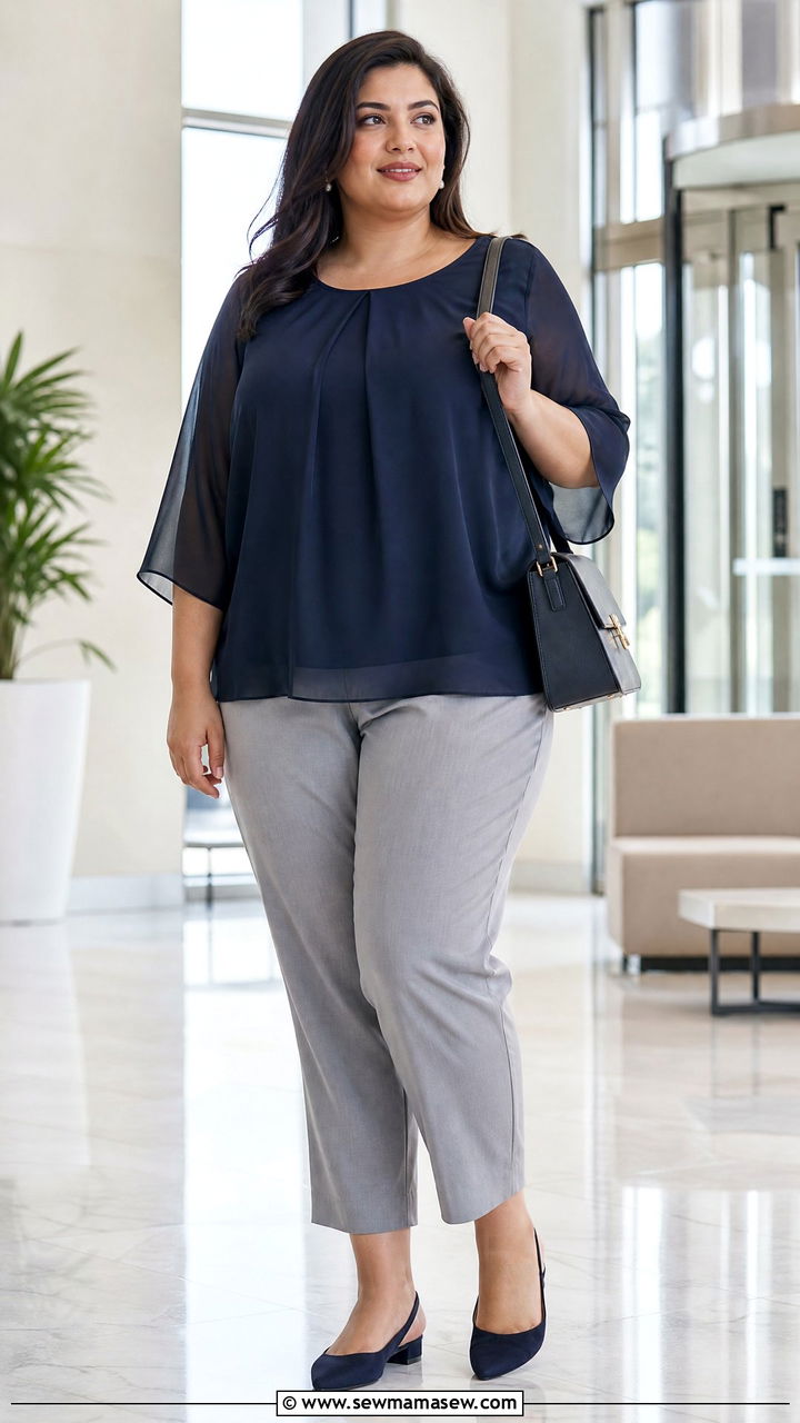 Plus Size Chiffon Top With Cropped Trousers - 20 plus size chiffon top outfit ideas