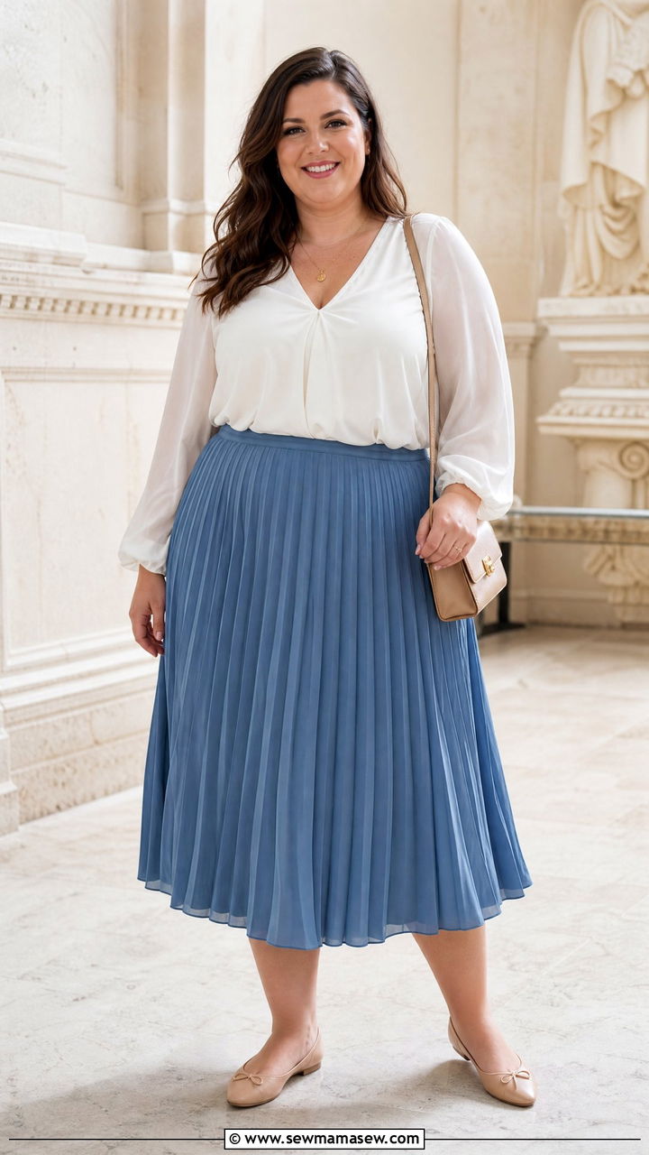 Plus Size Chiffon Top With Pleated Midi Skirt - 20 plus size chiffon top outfit ideas