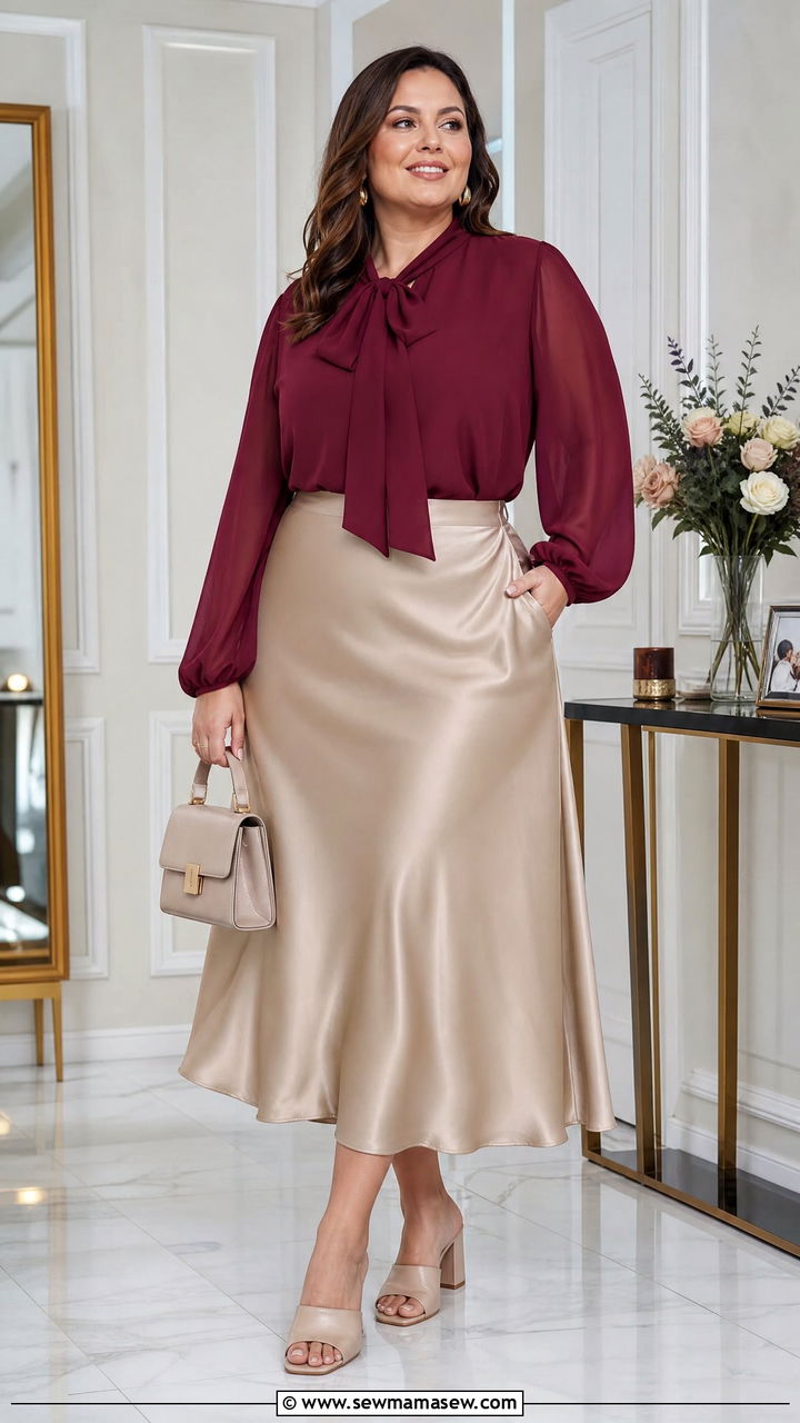 Plus Size Chiffon Top With Satin Midi Skirt - 20 plus size chiffon top outfit ideas