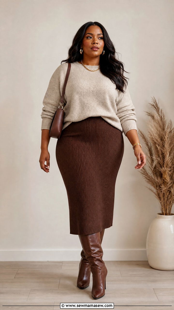 Plus Size Chocolate Sweater Skirt Outfit - 20 plus size earth tone outfit ideas
