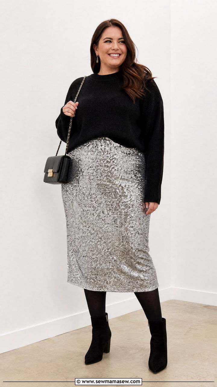 Plus Size Christmas Sequin Midi Skirt Outfit - 20 plus size christmas outfit ideas