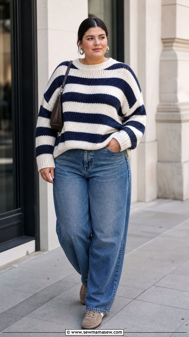Plus Size Chunky Knit Sweater With Barrel Jeans - 20 plus size chunky knit sweater outfit ideas
