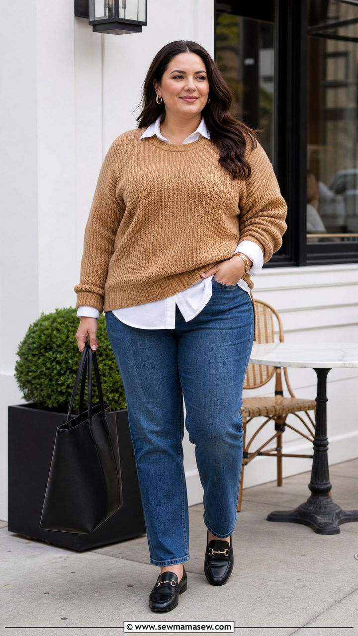 Plus Size Chunky Knit Sweater With Button Down Shirt - 20 plus size chunky knit sweater outfit ideas