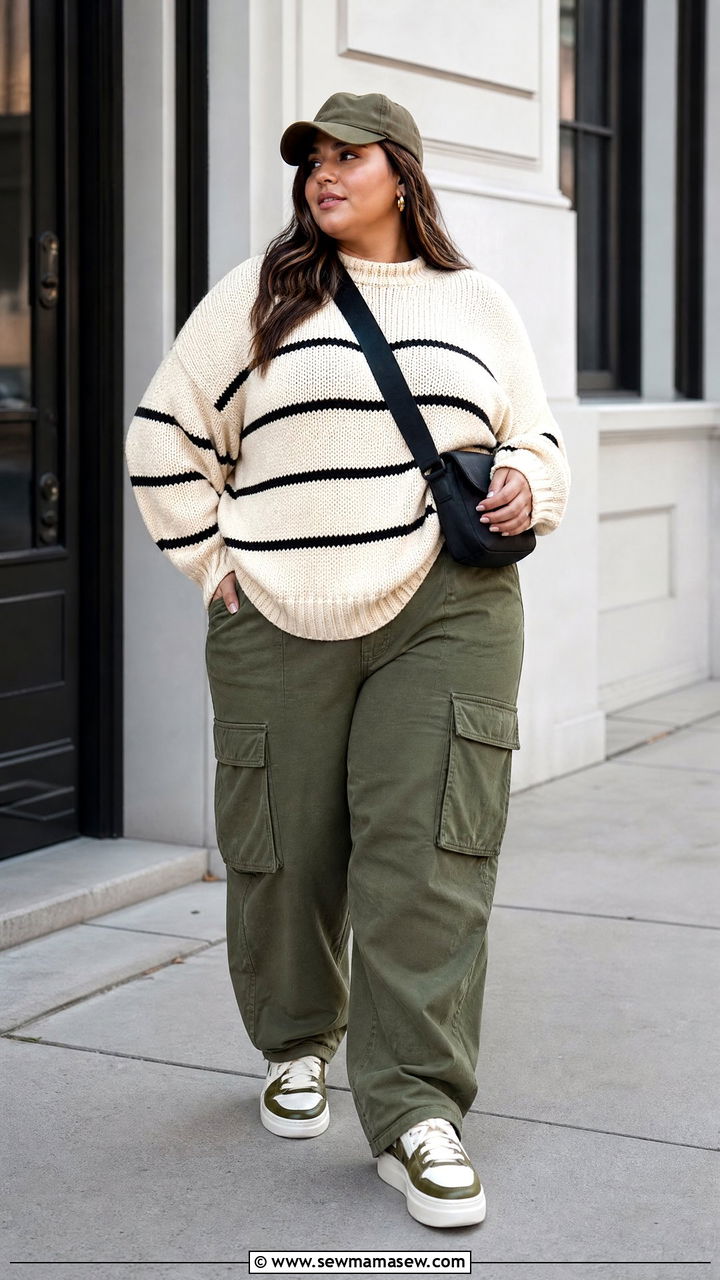 Plus Size Chunky Knit Sweater With Cargo Pants - 20 plus size chunky knit sweater outfit ideas
