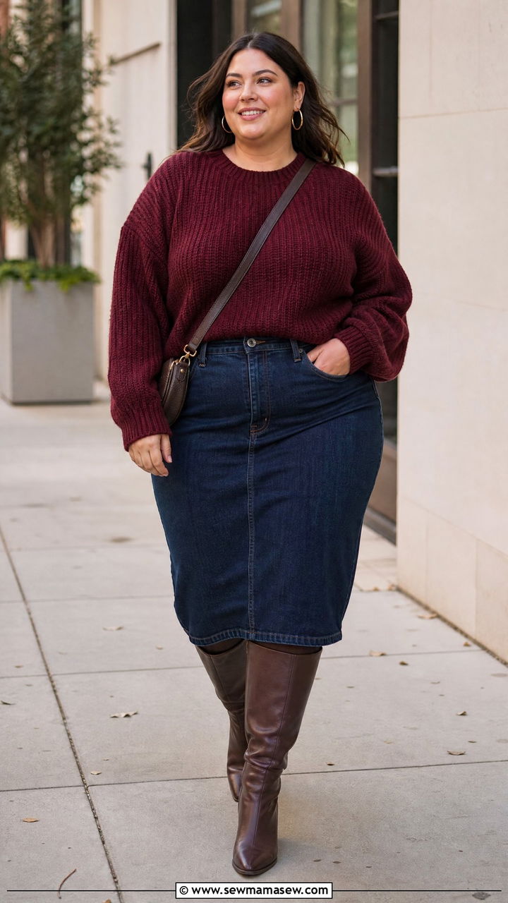 Plus Size Chunky Knit Sweater With Denim Skirt - 20 plus size chunky knit sweater outfit ideas
