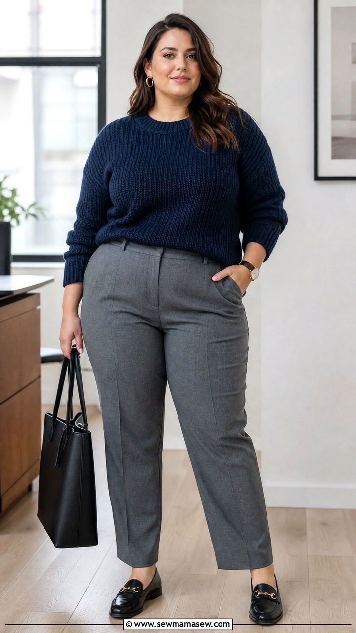Plus Size Chunky Knit Sweater With Dress Pants - 20 plus size chunky knit sweater outfit ideas