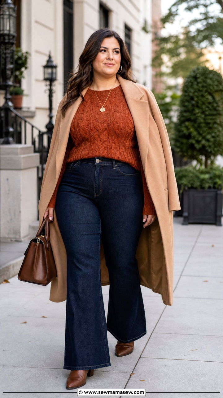 Plus Size Chunky Knit Sweater With Flare Jeans - 20 plus size chunky knit sweater outfit ideas